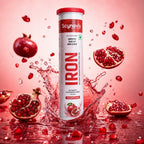 Scynovis Iron Fizz pomegranate effervescent tablets tube with splash
