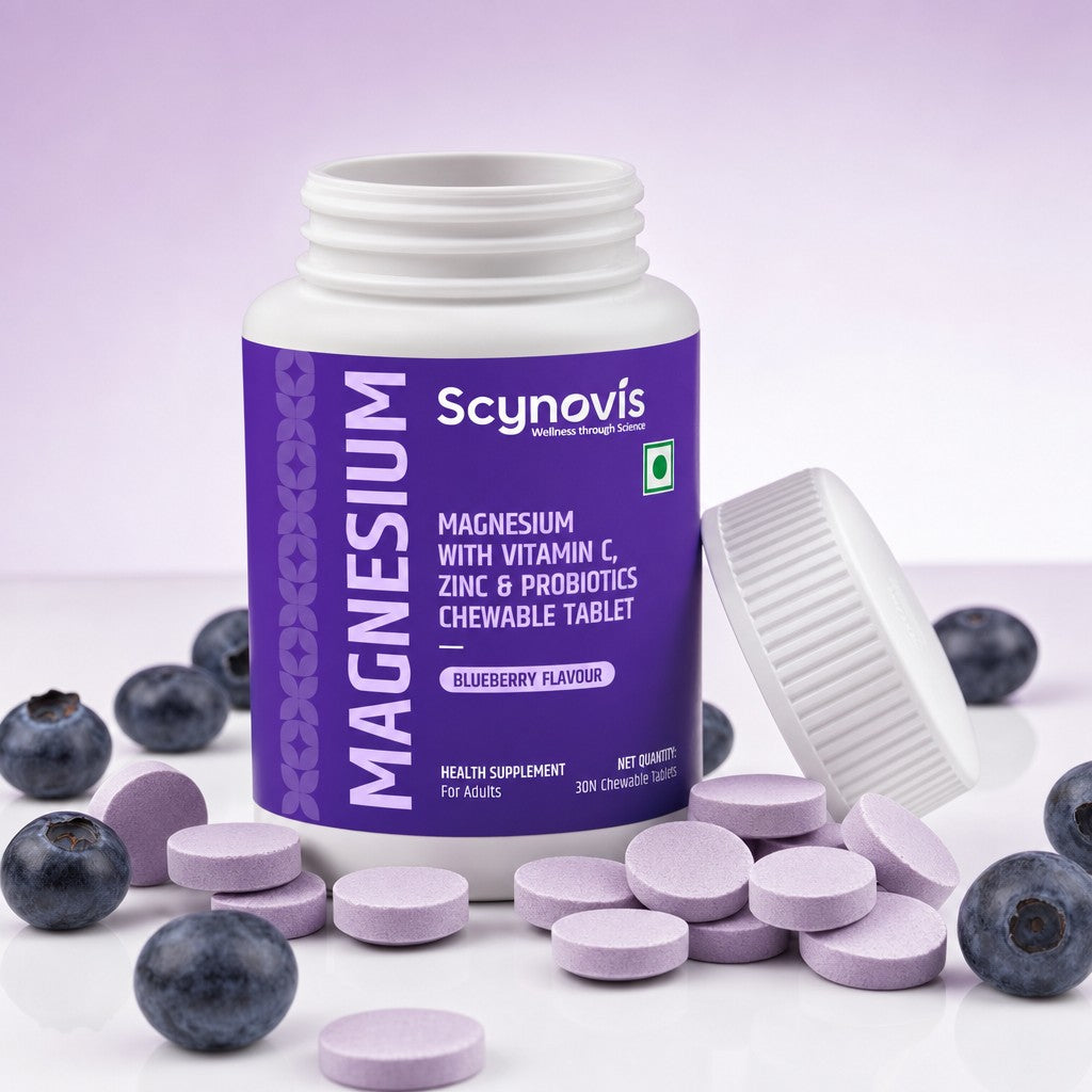 Magnesium chewable tablets spilling out of the open bottle