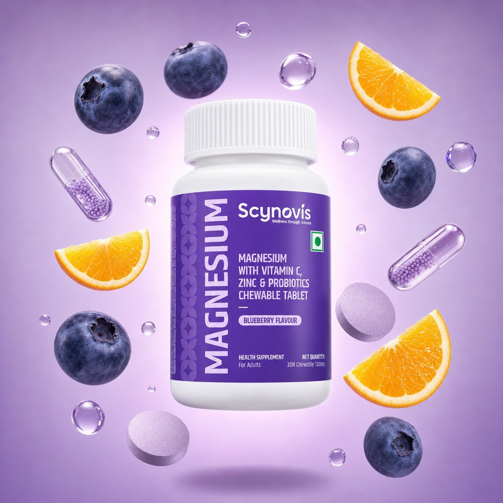 Magnesium Chewable ingredients: blueberry, orange and probiotic capsules