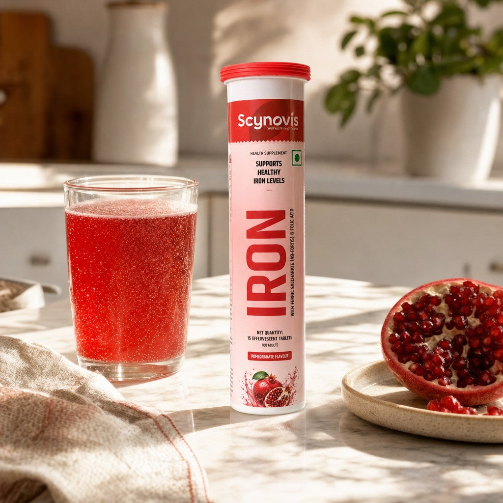 Iron Fizz pomegranate drink on a kitchen counter in morning light
