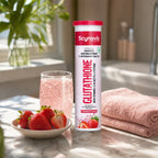 Glutathione Fizz drink on a bathroom vanity morning routine