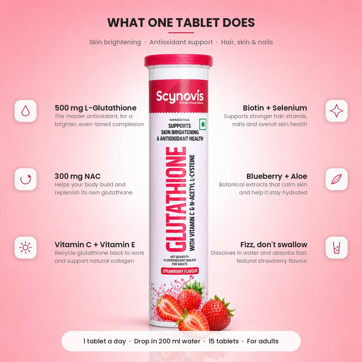 What one Glutathione Fizz tablet does: 500 mg glutathione, 300 mg NAC, Vitamin C + E, Biotin + Selenium